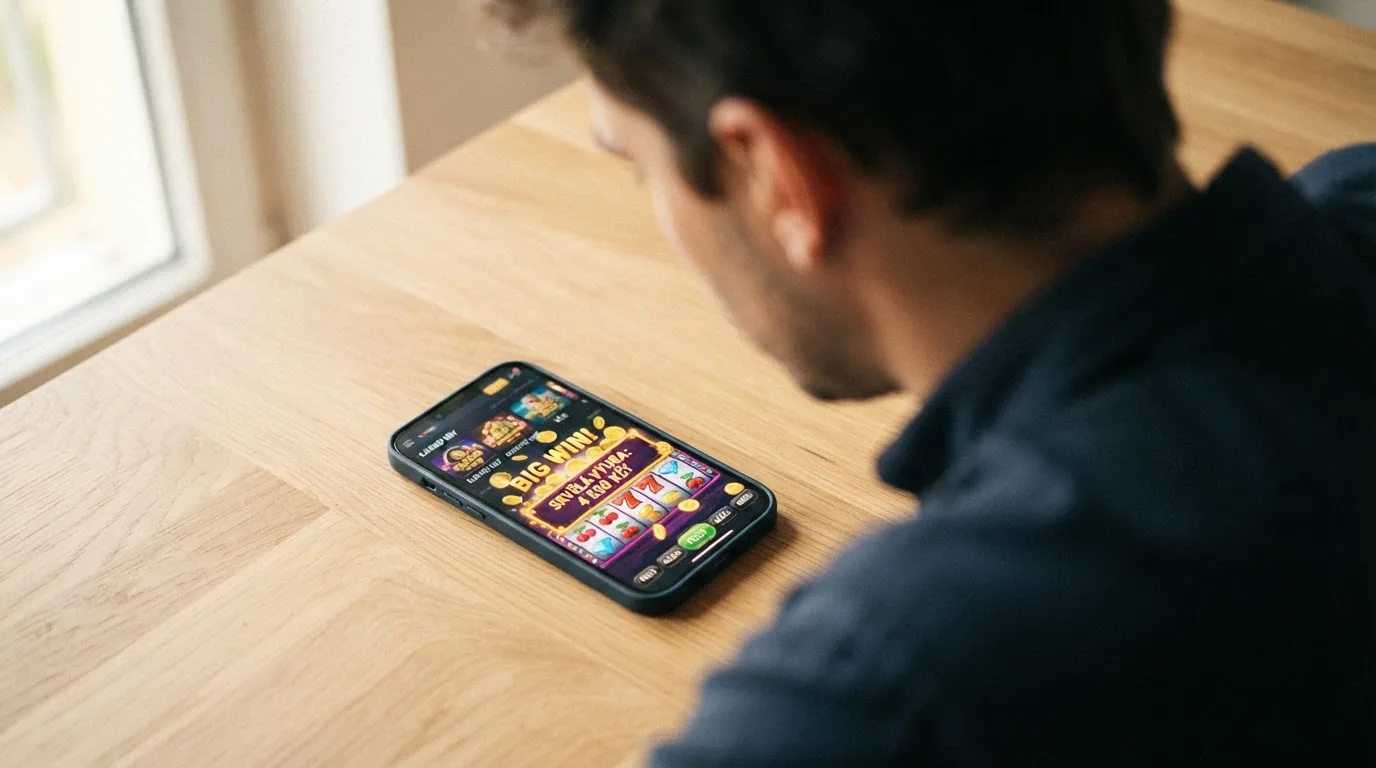Mobilní telefon s roztočeným českým automatem (Synot nebo Apollo Games), v pozadí lobby casino aplikace