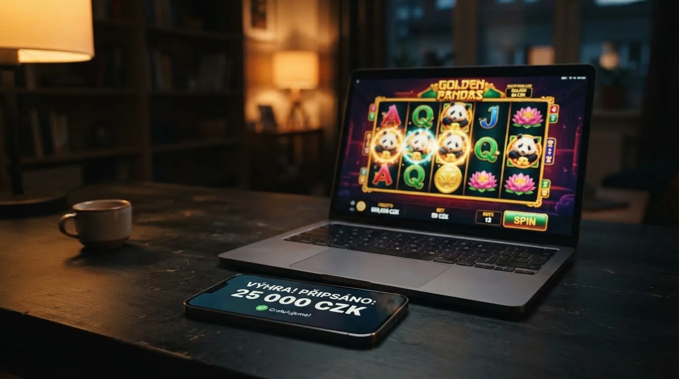 Roztočený online slot na displeji notebooku, v popředí mobil s potvrzovací SMS zprávou