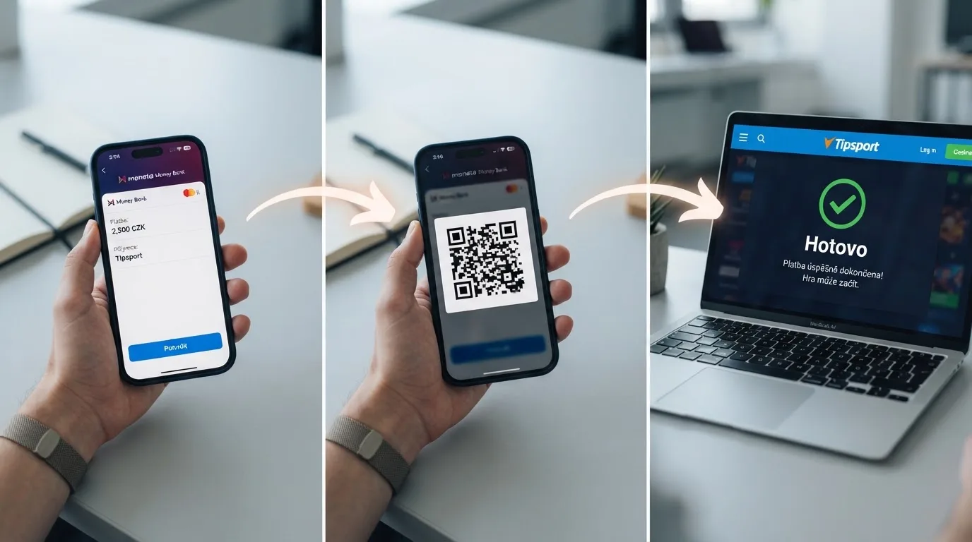 Sekvence kroků bankovního převodu z aplikace České spořitelny do online kasina — výběr částky, QR kód a potvrzení platby
