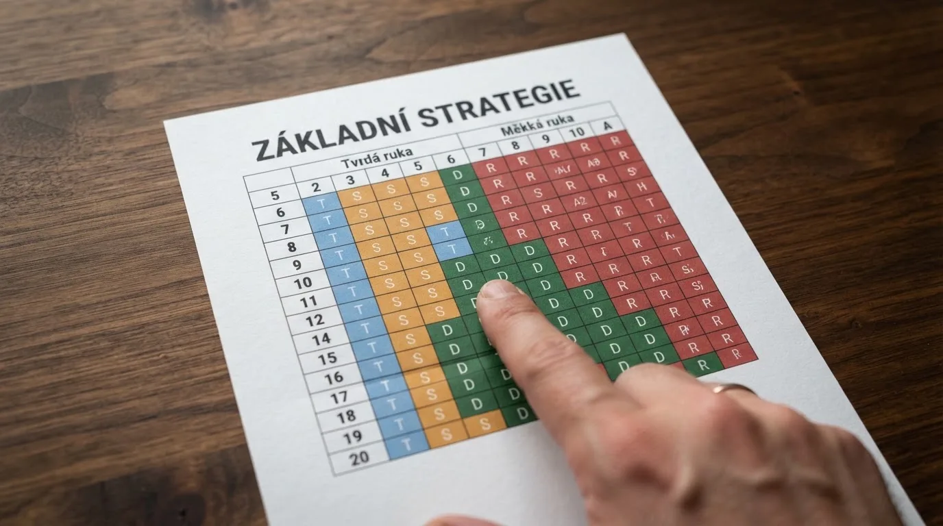 Infografika znázorňující rozhodovací strom základní strategie blackjacku — kombinace karet hráče proti kartě dealera s barevným odlišením hit/stand/double/split