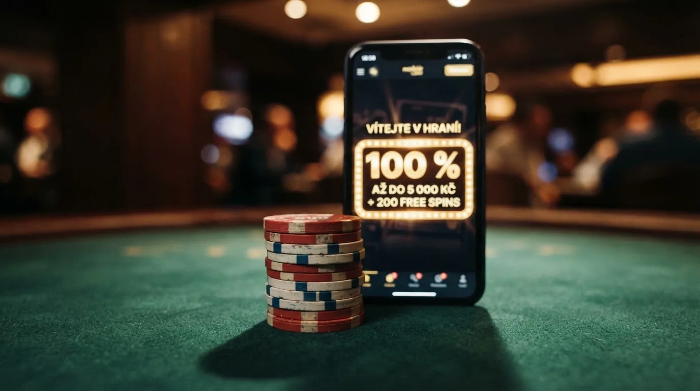 Stoh žetonů s mobilem zobrazujícím uvítací bonusovou nabídku