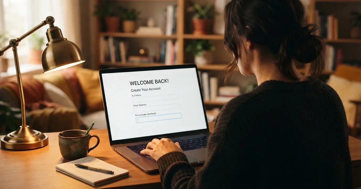 Hráč u notebooku zadává promo kód do registračního formuláře online kasina