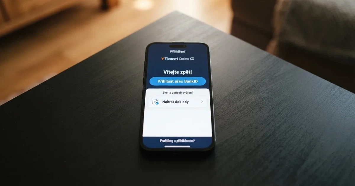 Mobilní telefon zobrazující přihlašovací obrazovku českého online casina s výrazným tlačítkem „Přihlásit přes BankID“ vedle možnosti nahrání dokladů