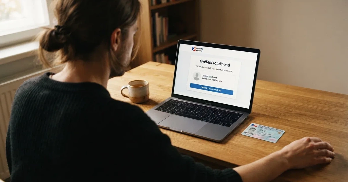 Hráč vyplňuje registrační formulář na notebooku, vedle leží občanský průkaz a na obrazovce je logo Bank iD