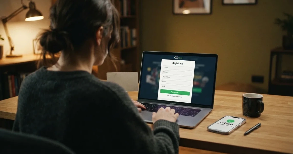 Hráč u notebooku s otevřenou registrační stránkou online casina, vedle na stole leží občanský průkaz a mobilní telefon zobrazující aplikaci BankID