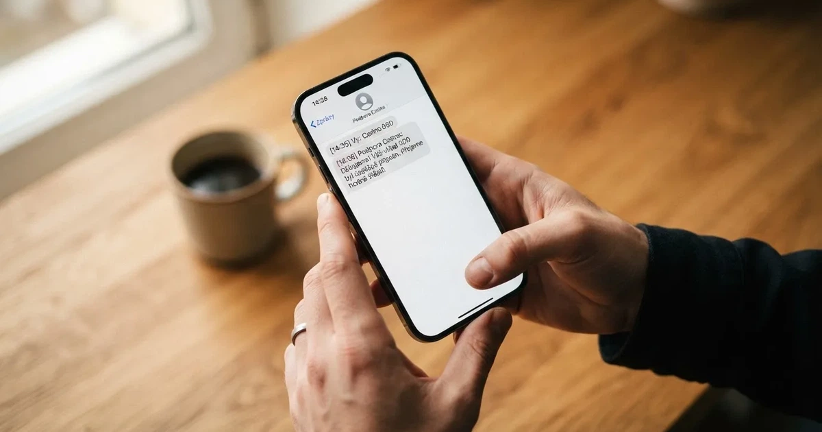 Mobilní telefon v ruce hráče, na jehož obrazovce je vidět odeslaná SMS zpráva s textem vkladu do online casina