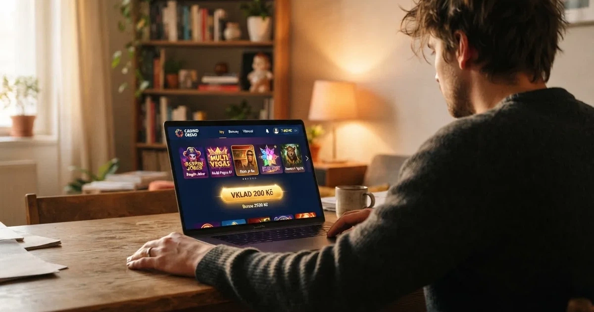 Hráč u notebooku vybírá české online casino, na obrazovce je vidět tlačítko vkladu s částkou 200 Kč