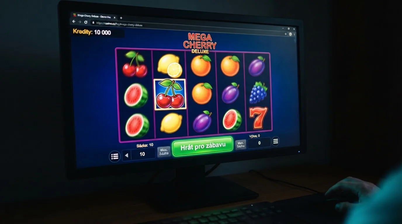 Výřez obrazovky online automatu s výrazným tlačítkem „DEMO“ nebo „Hrát pro zábavu“ a ukazatelem virtuálních kreditů v českém licencovaném casinu