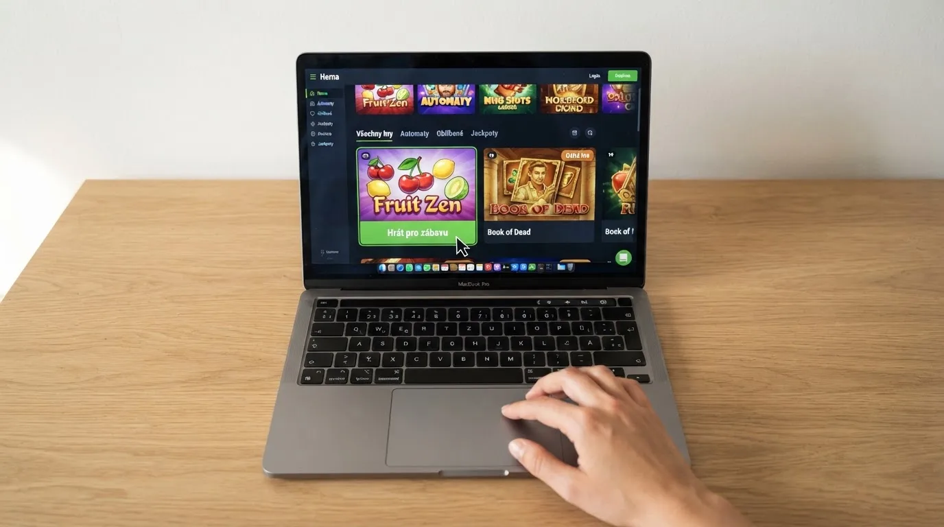 Herní lobby online casina s viditelným tlačítkem „Hrát pro zábavu“ u náhledu výherního automatu, vedle něj stejný automat s označením „Ostrá hra“, kurzor myši najíždí na demo tlačítko