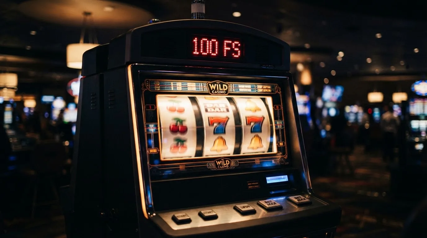 Výherní automat s roztočenými válci a počítadlem volných zatočení, v pozadí logo českého online casina