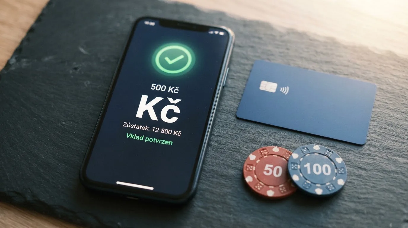 Telefon s otevřenou platební bránou Google Pay a vedle něj platební karta a české bankovky