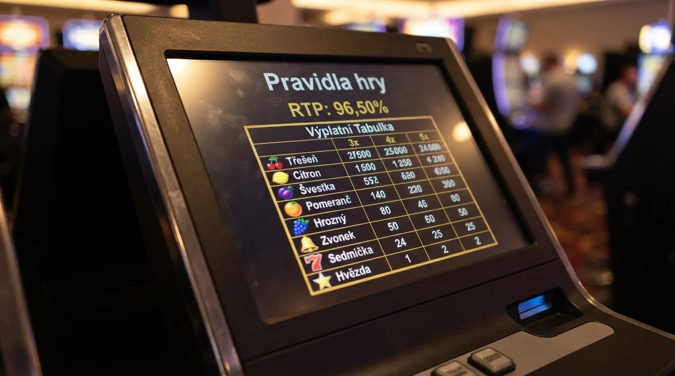 Informační panel automatu s vyznačenou hodnotou RTP, výplatní tabulkou a pravidly hry