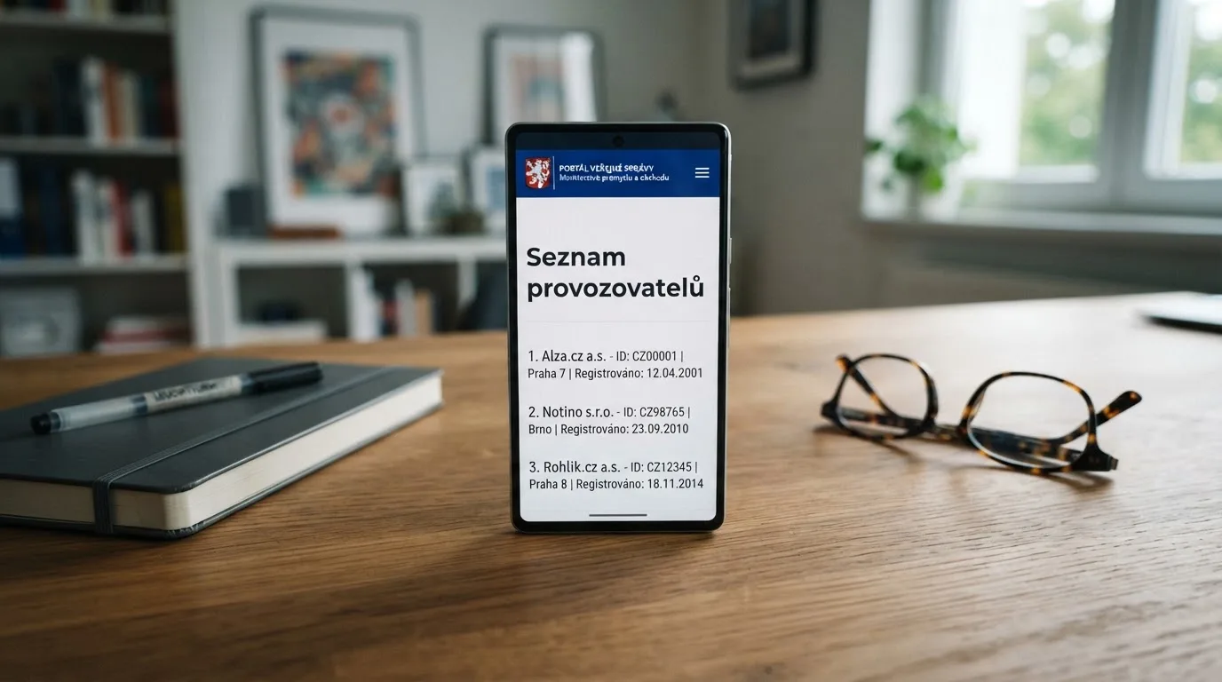 Obrazovka telefonu s otevřenou stránkou Seznamu provozovatelů hazardních her MF ČR a logem ministerstva