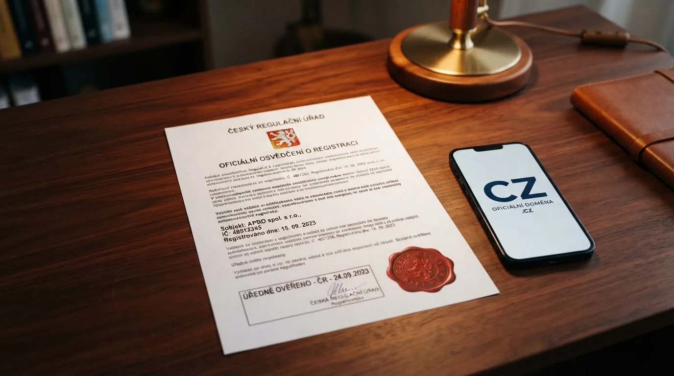 Úřední dokument s razítkem Ministerstva financí ČR vedle displeje s doménou .cz a logem online casina