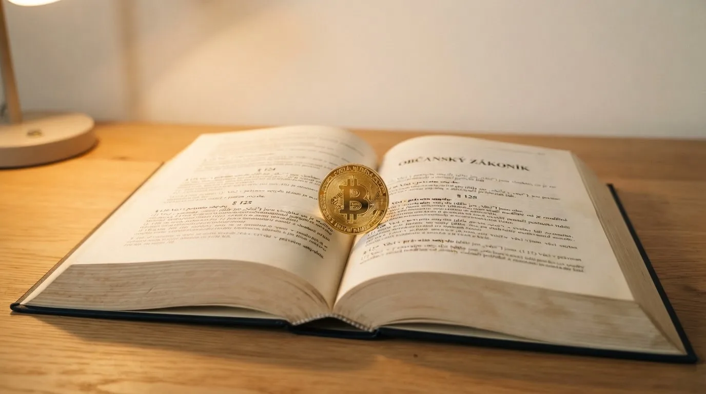 Úřední dokument s razítkem a symboly paragrafů na pozadí bitcoinové mince