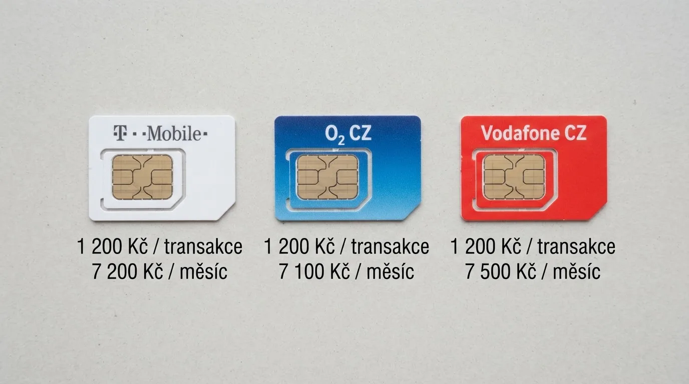 Tři SIM karty operátorů T-Mobile, O2 a Vodafone s popisem transakčních a měsíčních limitů
