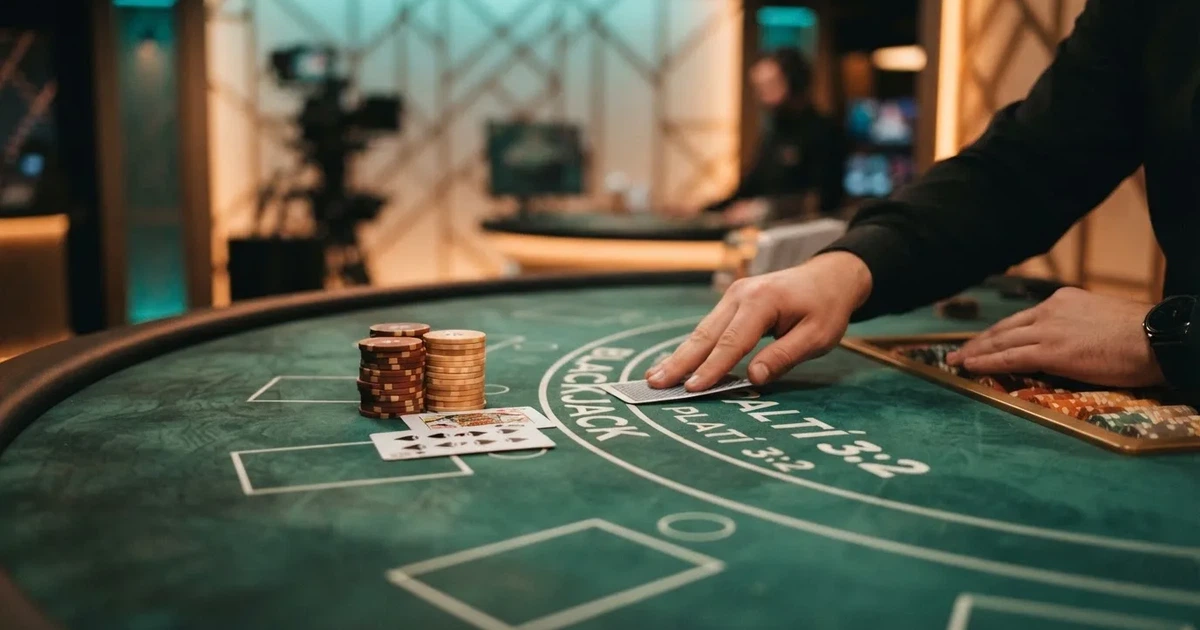 Živý krupiér rozdává karty u blackjackového stolu v českém live studiu — pohled na stůl, karty a sázkové pole