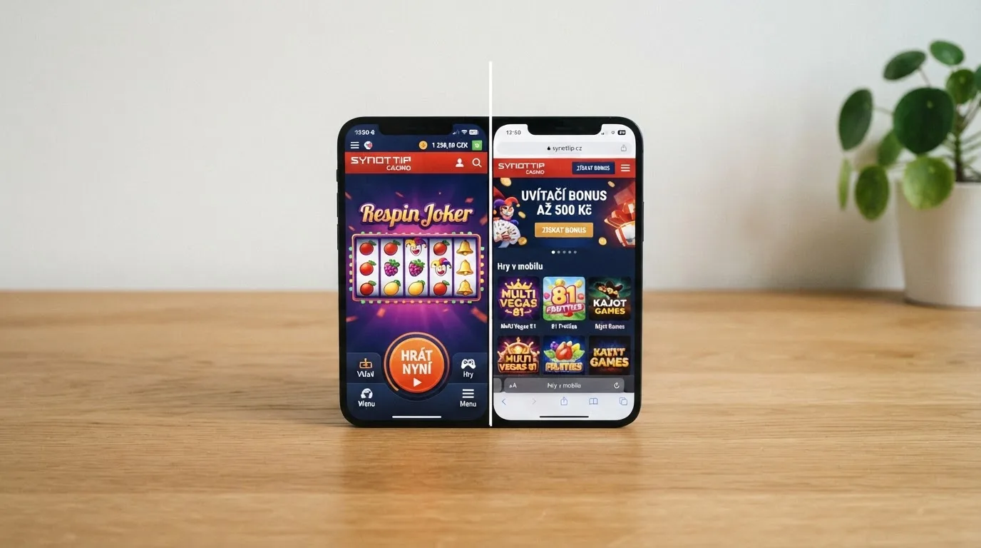 Displej telefonu rozdělený na dvě poloviny — vlevo nativní casino aplikace, vpravo mobilní web v prohlížeči