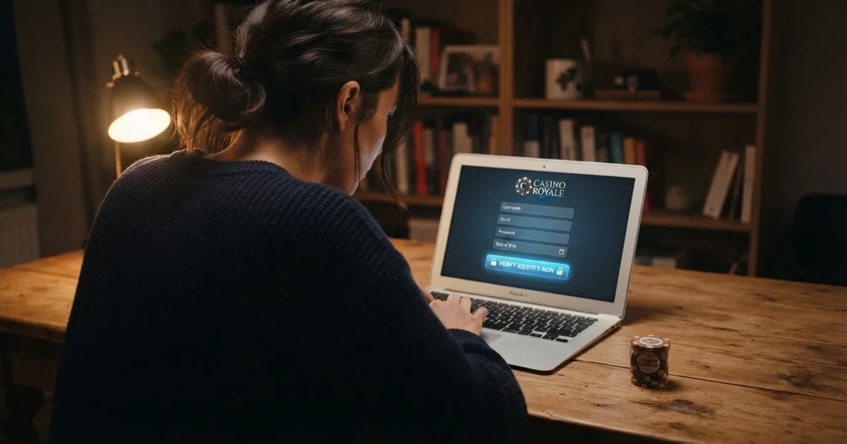Hráč u notebooku si prohlíží registrační formulář českého online casina, na obrazovce je vidět možnost ověření přes Bank iD.
