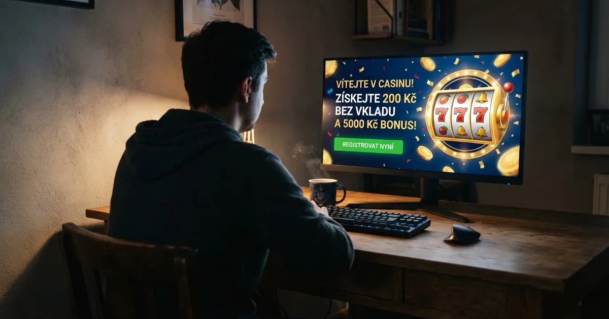 Přihlašovací obrazovka českého online casina s nabídkou uvítacího bonusu na monitoru počítače