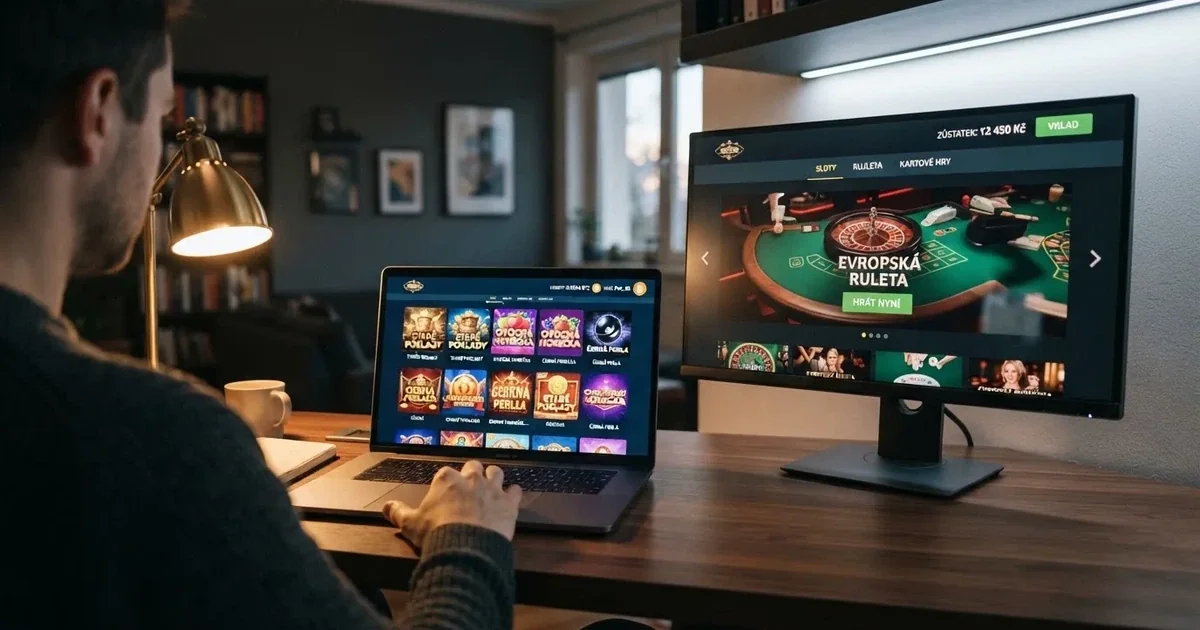 Srovnání obrazovky krypto kasina a tradičního online casina — v levé části krypto peněženka s BTC zůstatkem, v pravé části klasické casino s korunovým zůstatkem