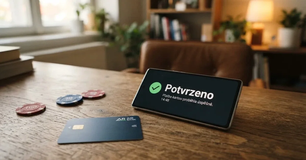 Mobilní telefon zobrazující potvrzovací SMS zprávu z online casina, vedle něj leží platební karta a české koruny
