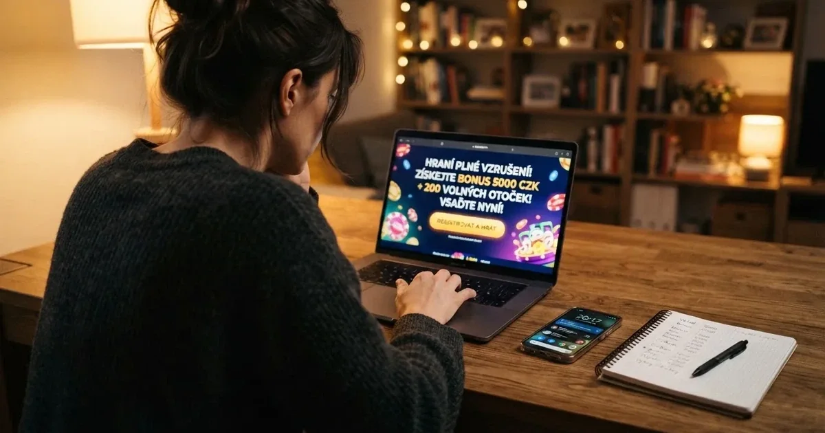 Hráč u notebooku si prohlíží casino bonusovou nabídku na obrazovce, vedle leží mobil s otevřenou kalkulačkou