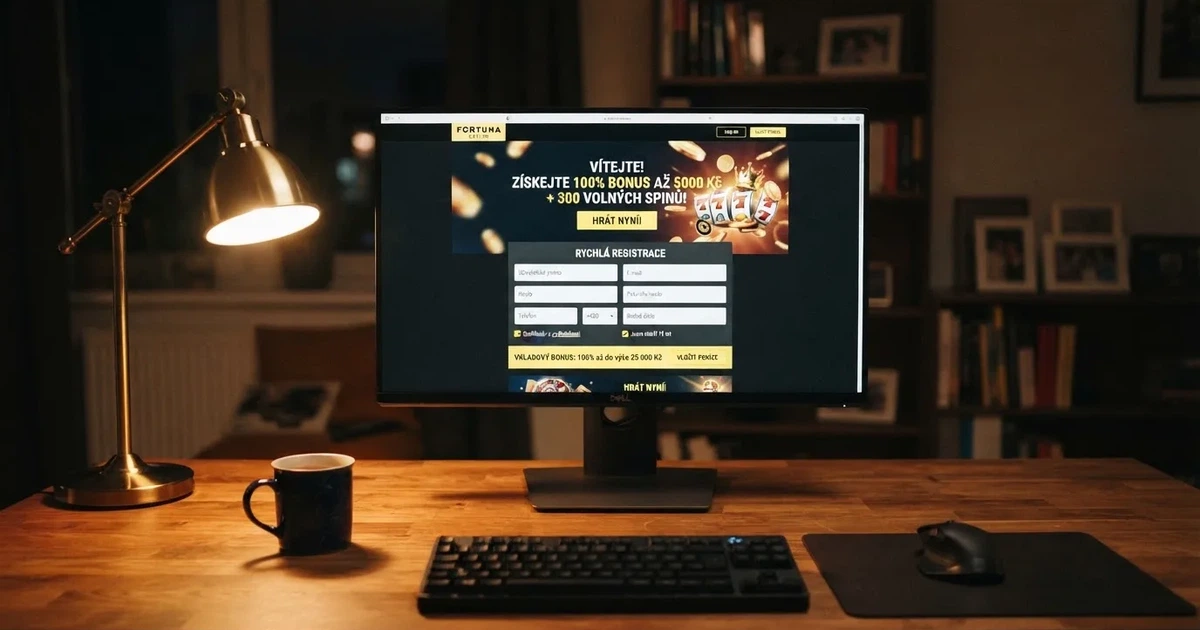 Zahraniční casino na obrazovce počítače s českým rozhraním, registračním formulářem a zvýrazněnou uvítací nabídkou