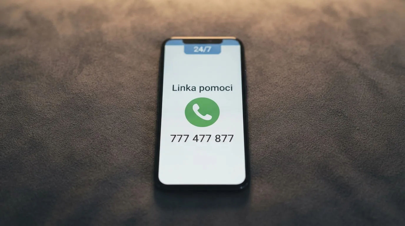 Telefon s vytočeným číslem linky pomoci na displeji, v pozadí logo zodpovědného hraní