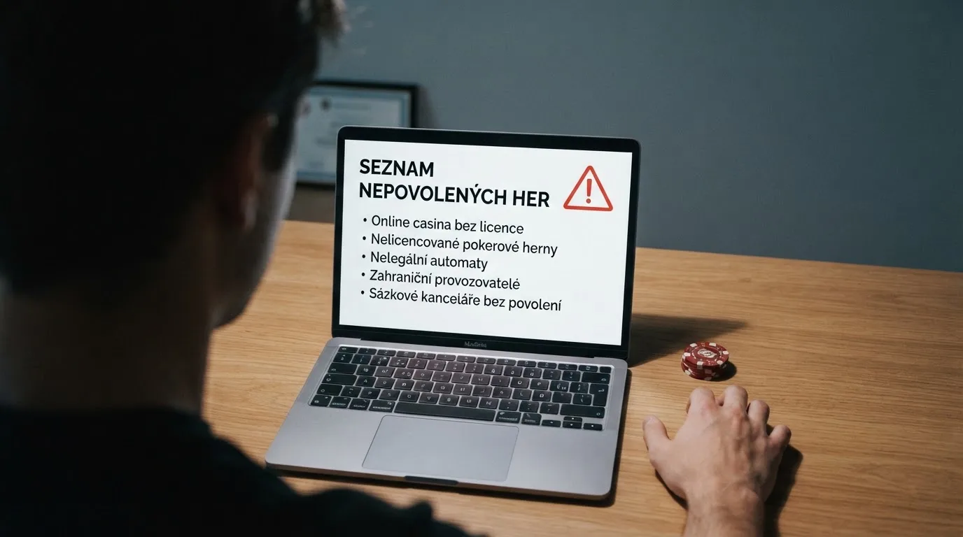 Rozcestník: vlevo budova Ministerstva financí ČR s nápisem „Licence“, vpravo otazník nad neznámou webovou stránkou casina bez označení regulátora
