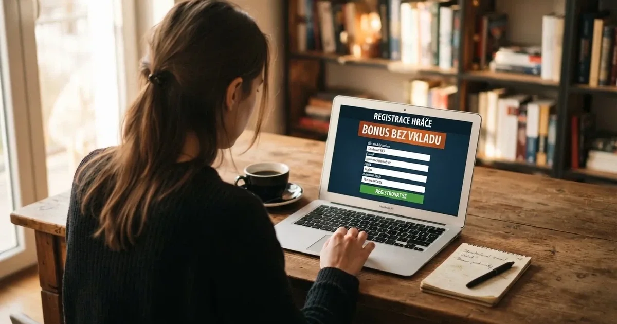 Hráč u počítače si prohlíží registrační formulář českého online casina s viditelnou nabídkou bonusu bez vkladu