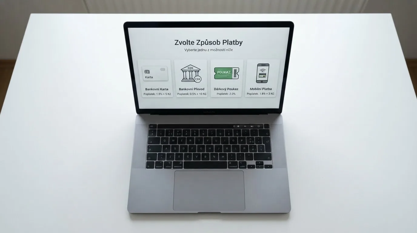 Srovnání platebních metod na obrazovce: karta, bankovní převod, Paysafecard a mobilní platba vedle sebe s vyznačením poplatků