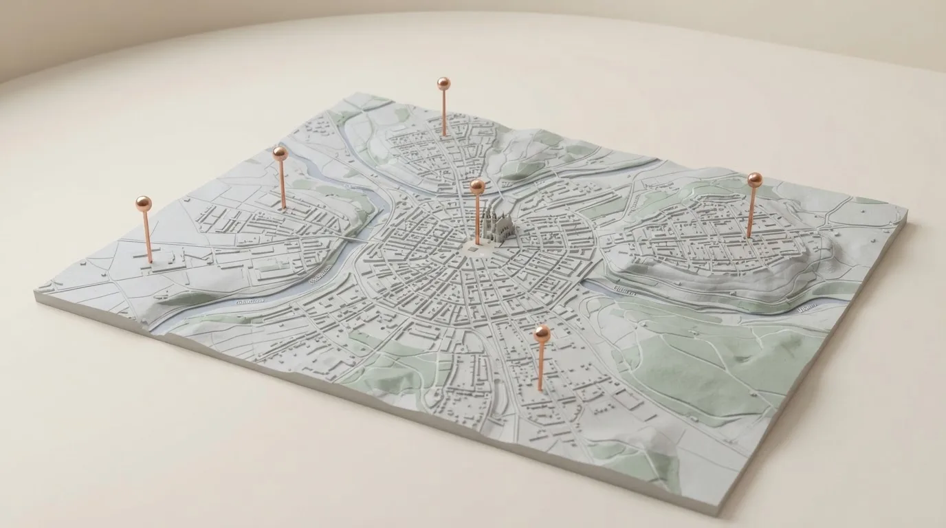 Mapa Plzně s vyznačenými adresami šesti bývalých kasin a heren napříč městem