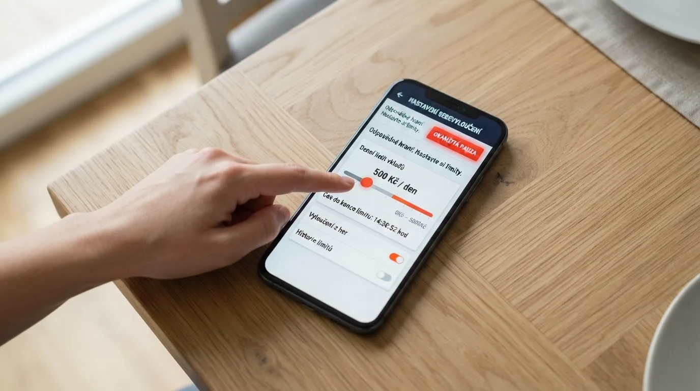 Mobilní telefon s otevřenou stránkou sebeomezujících opatření, na které uživatel nastavuje denní limit vkladu