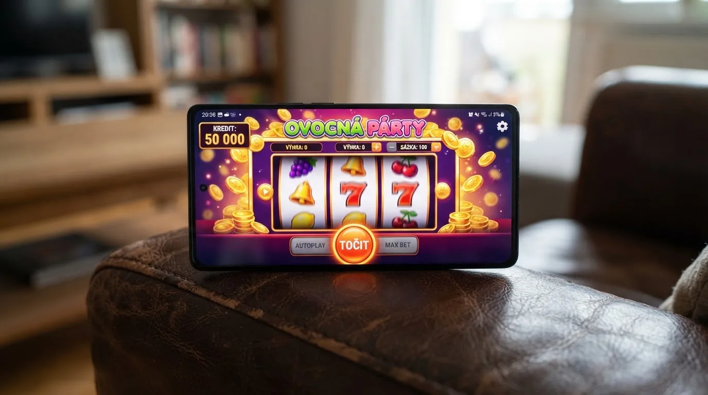 Displej mobilního telefonu s otevřenou sociální casino aplikací — viditelné virtuální mince, známý motiv automatu a tlačítko na roztočení