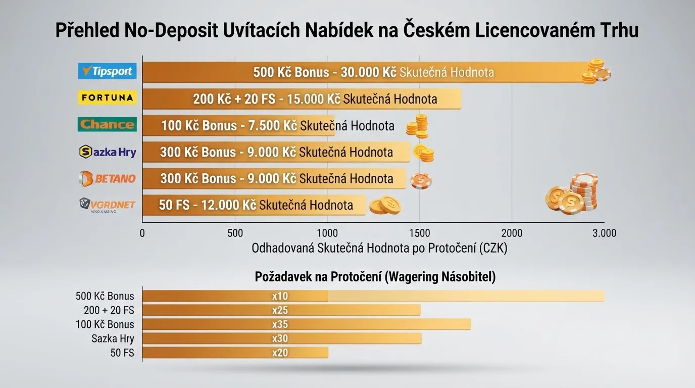 Přehledová tabulka deseti českých online casin seřazená podle hodnoty bonusu bez vkladu, s vyznačenými sloupci pro protočení a platnost