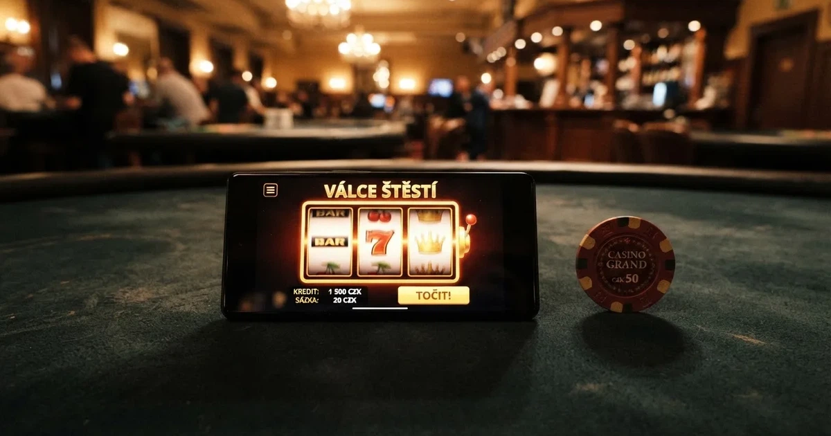 Mobilní telefon s otevřenou casino aplikací, na displeji výherní automat, vedle telefonu česká koruna