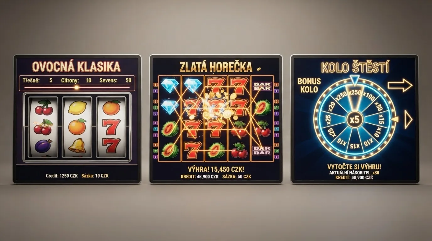 Koláž tří automatů vedle sebe: tříválcový ovocný automat s třešněmi a citrony, čtyřválcový automat s 81 výherními liniemi a rozsvícenou výherní linií, moderní automat s bonusovým kolem