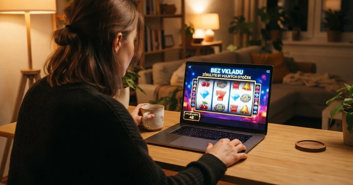Hráč u online automatu, na obrazovce ukazatel zbývajících volných otoček a nápis „bez vkladu“