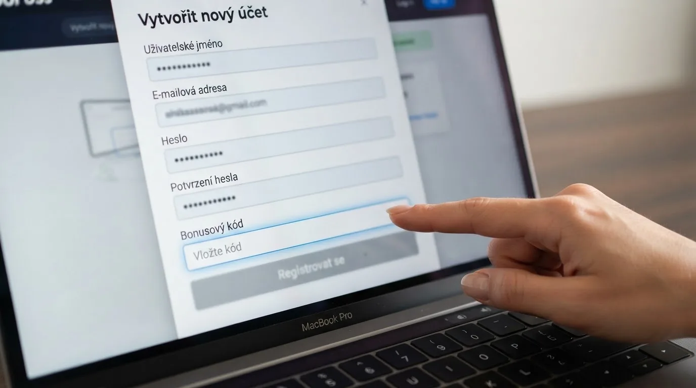Detail registračního formuláře online kasina s vyznačenou kolonkou pro bonusový kód