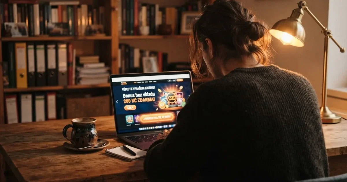 Hráč u počítače si prohlíží nabídku bonusu bez vkladu v online kasinu, na obrazovce září tlačítko registrace