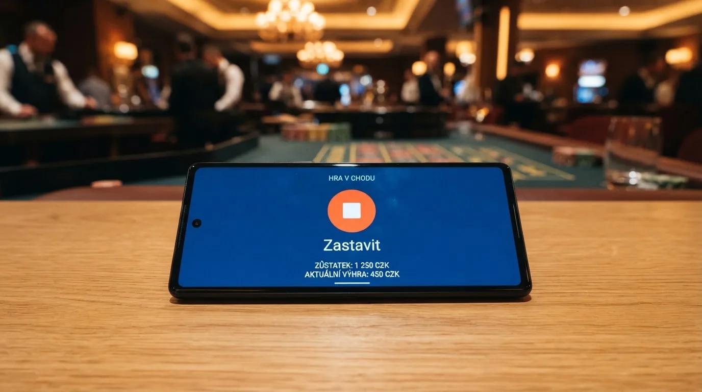 Telefon s otevřenou stránkou zodpovednehrani.cz a ikona panic buttonu na displeji, v pozadí jemně rozmazané casino prostředí