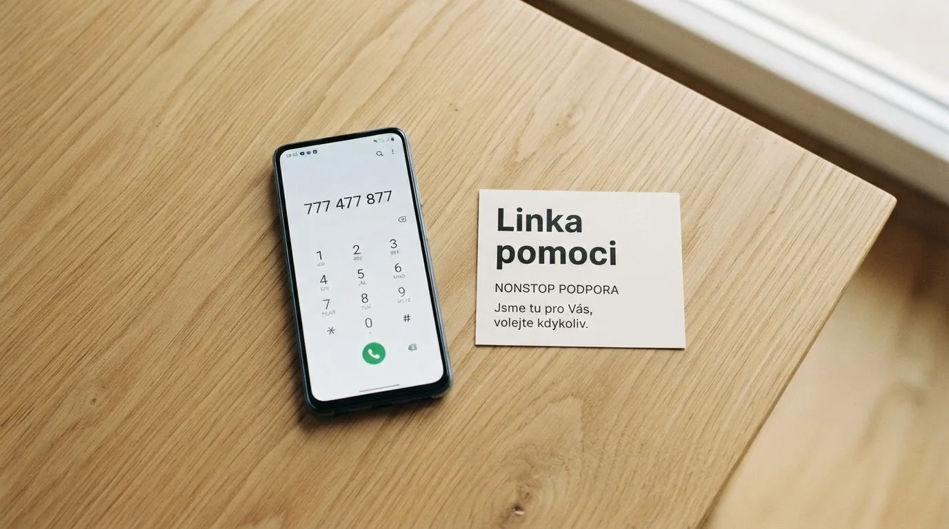 Displej mobilního telefonu s vytočeným číslem 777 477 877, vedle něj vizitka s logem Národní linky pro odvykání hraní a projektem Zodpovědné hraní