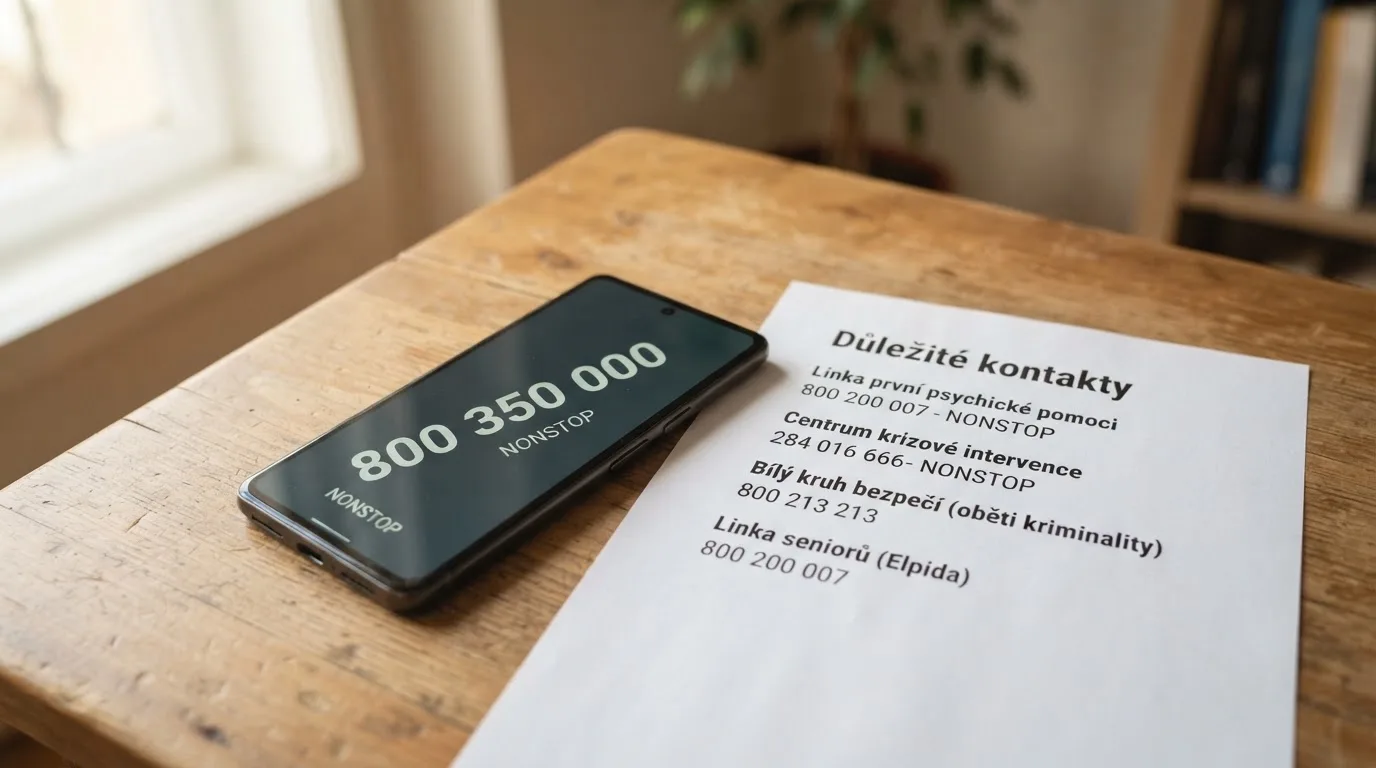 Telefon s informační linkou 800 350 000 na displeji, vedle leták s kontakty na organizace pomoci
